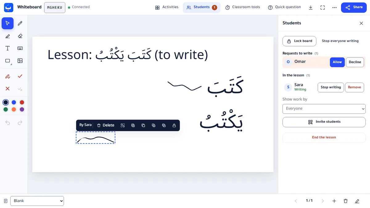 The Students panel with a request to write, and the author of the selected item