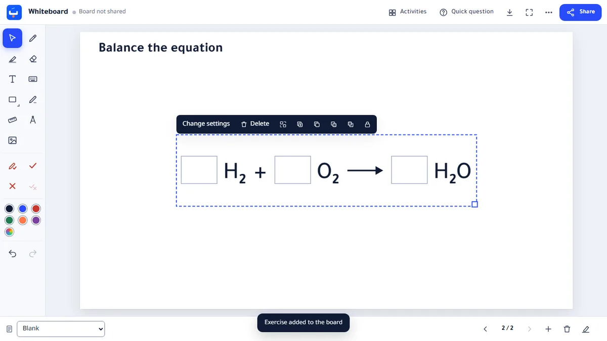 The whiteboard with a chemical equation selected; above it the bar with Change settings.