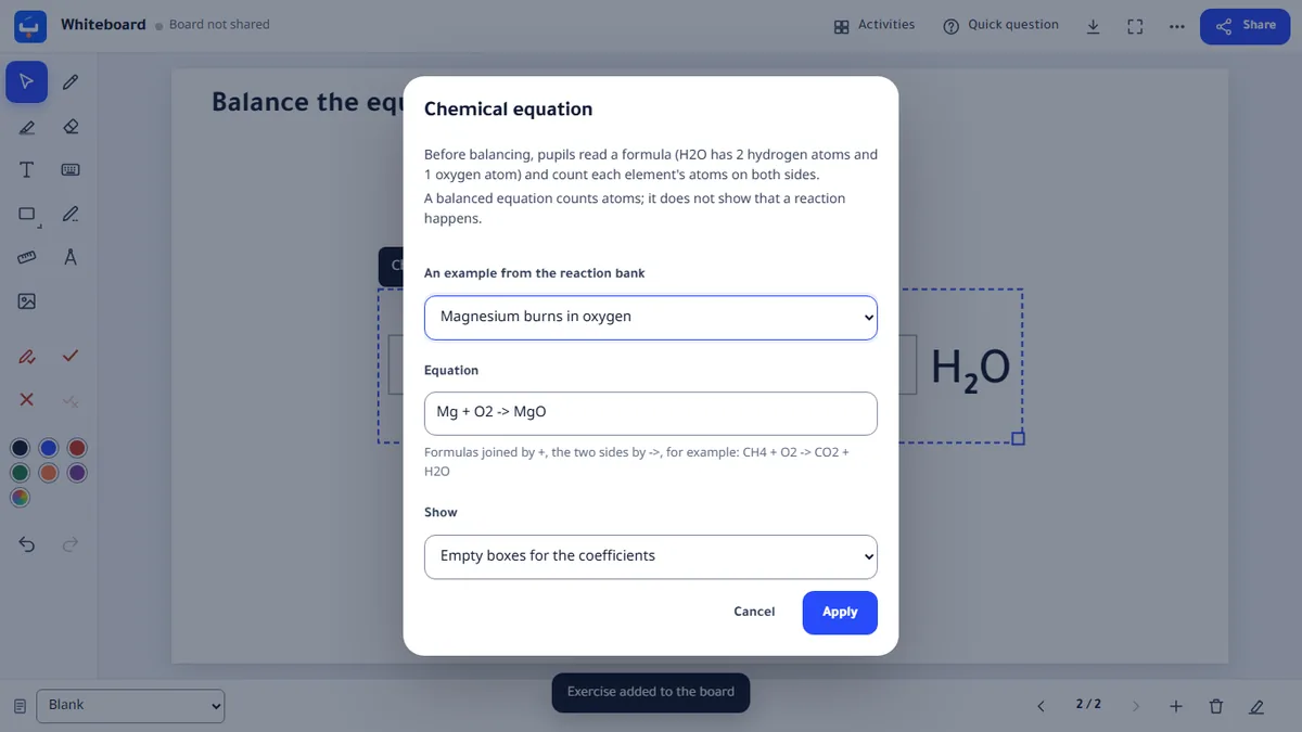 The settings of the chemical equation: the reaction bank's example “Magnesium burns in oxygen”, the equation and Empty boxes for the coefficients, with Apply.