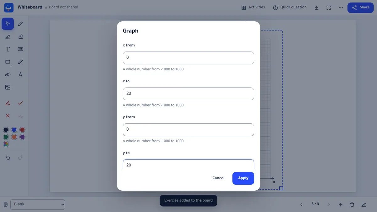 The settings of a new graph: x from 0 to 20 and y from 0 to 20, with Apply.