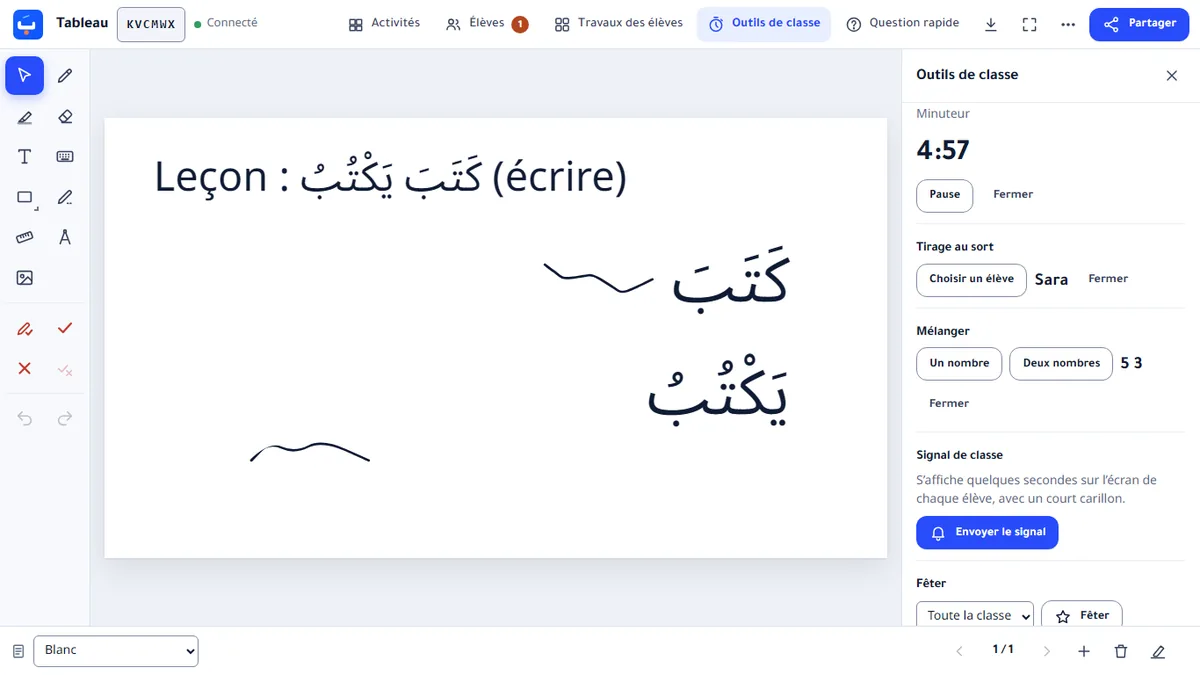 Le panneau Outils de classe : minuteur, tirage au sort, mélange de nombres et signal de classe