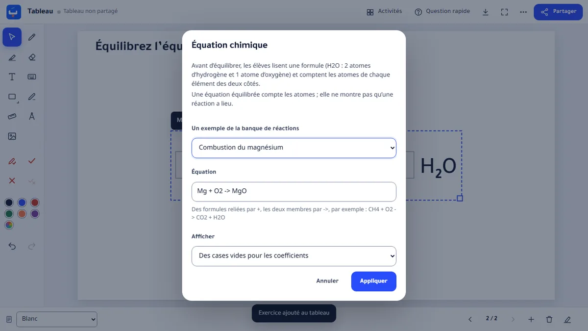 Les réglages de l’équation chimique : l’exemple de la banque « Combustion du magnésium », l’équation et Des cases vides pour les coefficients, avec Appliquer.