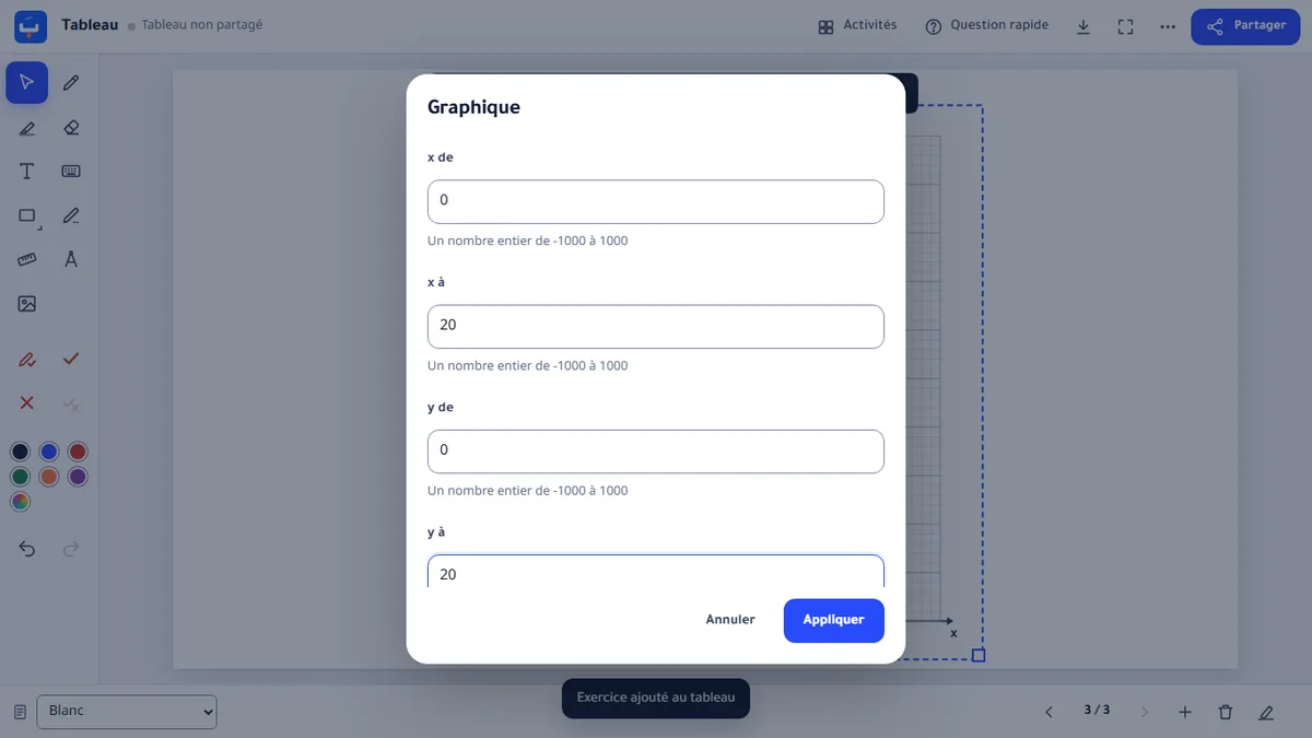 Les réglages d’un nouveau graphique : x de 0 à 20 et y de 0 à 20, avec Appliquer.